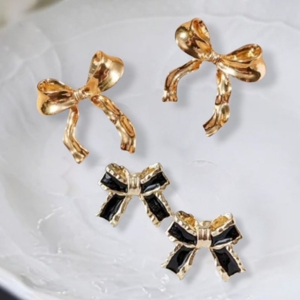 Gold Bow Tie Ribbon  Earrings